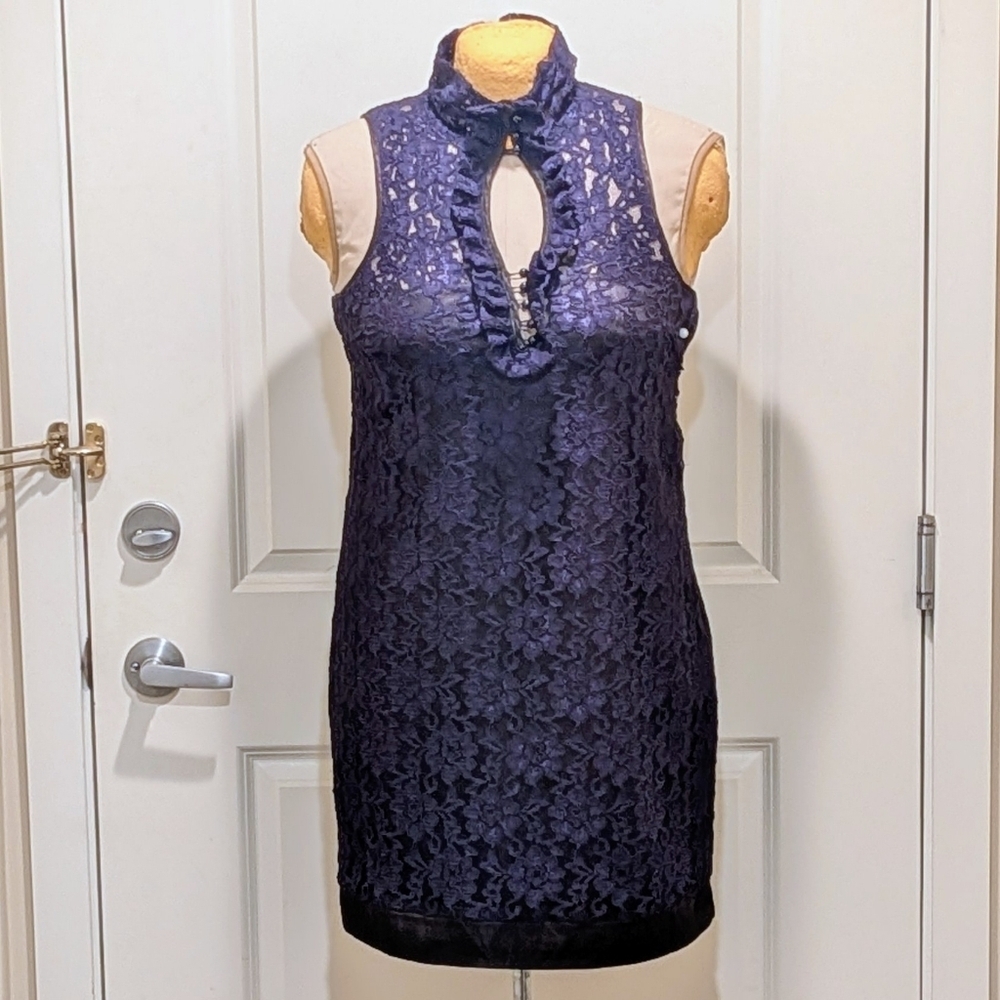 EUC Kensie 12 Navy Blue and Black Lace Dress with Keyhole Collar